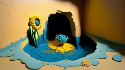 plasticine sculpture stop motion. salvador dali clay models. gallery paintings of flowers. water on floor visitors. room with a small hole in wall. john craxton. high detail. photorealistic