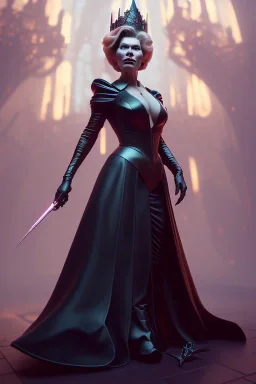 Hannah Waddingham as evil queen in black leather gown, busty, cleavage, voluptous, rebecca Welton, angry, stern look. character design by cory loftis, fenghua zhong, ryohei hase, ismail inceoglu and ruan jia. unreal engine 5, artistic lighting, highly detailed, photorealistic, fantasy