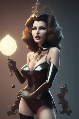 Rita Hayworth as evil queen in black leather, busty, cleavage, dominatrix, curvy, angry, stern look. character design by cory loftis, fenghua zhong, ryohei hase, ismail inceoglu and ruan jia. unreal engine 5, artistic lighting, highly detailed, photorealistic, fantasy