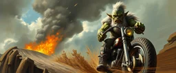 portrait of orc, mega blasting fast, so freaking fast, faster than a greased muscle shiny cowboy disco funk fusion fluffy man gremlin monkey pig on a runaway mud black veteran buss truck jumping over the cliff . speed and energy, painted by Rembrandt and fallout 4, straight down a muddy slide, beside an orc motorcyclist