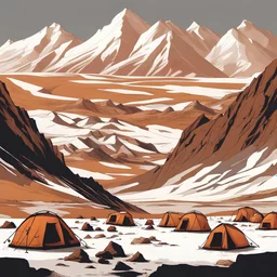 A rugged and rocky valley lies in a landscape of grey stone jutting out of red sandy gravel. Large snow-capped mountains loom in the background. The sky is tinted orange, and thin clouds streak the sky like they're being driven by a strong wind. Low irregular canvas tents and small stone huts are clustered in the foreground.