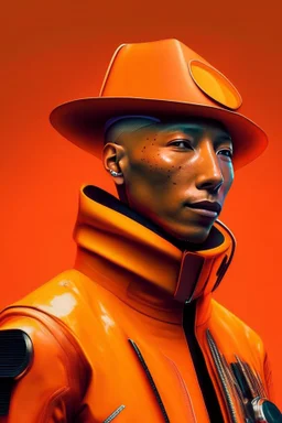 Pharrell Williams dressing in orange, cyberpunk, ultra realistic