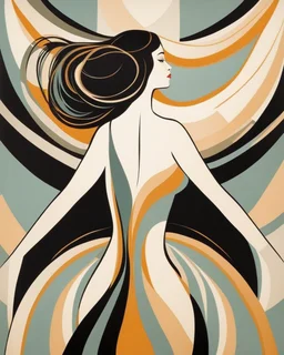 Esboço do corpo de uma mulher, with her back turned, and her arms are outstretched line fluid abstract, art style by Coco Vandi, retro minimal, trendy art, art style by Eckhart Tolle and Fabio Hurtado