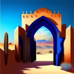 A gothic_arab gate in a blue wall with a view of a desert landscape