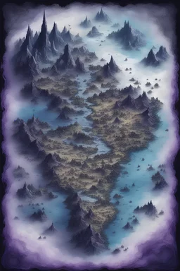 A fantasy map of a world with [keyword], [atmosphere], color scheme made of [color], rpg world map, game world, aerial vi w, high detail, split toning, naturalistic proportions, black, white, purple, blue, indigo