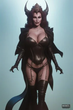 Raquel Welch as evil queen in black leather, leather, busty, cleavage, angry, stern look. character design by cory loftis, fenghua zhong, ryohei hase, ismail inceoglu and ruan jia. unreal engine 5, artistic lighting, highly detailed, photorealistic, fantasy