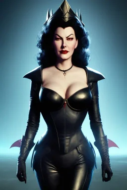 Ava Gardner as evil queen in black leather, busty, cleavage, curvy, angry, stern look. character design by cory loftis, fenghua zhong, ryohei hase, ismail inceoglu and ruan jia. unreal engine 5, artistic lighting, highly detailed, photorealistic, fantasy