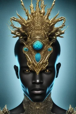 black male African alien, cracks in the voodoo head, wicked, diamond eyes, crown, blood, 8k, finely detailed, photo realistic, leopard style turquoise skull head gold dragon space alien rain skeleton gold teeth silver crown silver space suit spaceships