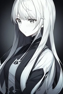 emotionless, numb, black and white, anime girl portrait with dark black background