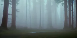 Deep forest with tall trees, misty, light rays, day time