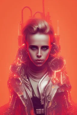 danish singer mø face, cyberpunk,orange tones,