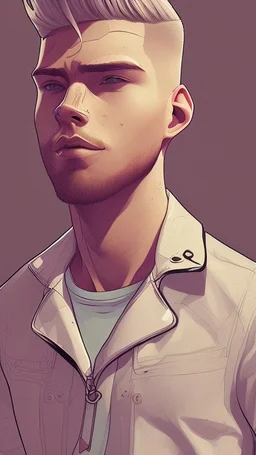 Teen man, blond hair, perfect face, style of tomer hanuka, jeans, white, t-shirt, pompadour