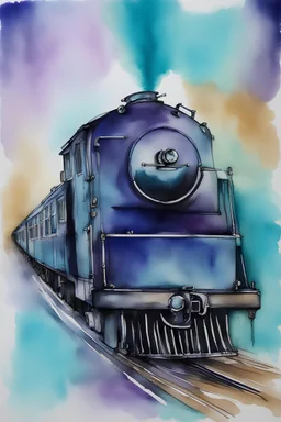 getting on the thought train; Ink wash with a gradient of turquoise, Royal blue and purple