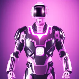 handsome, cute man, handsome man in futuristic suits, black and white highlight hair color, pink and purple background, pink lighting, deep purple backlighting, gun, smoke, robot suits