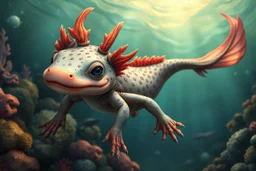 An axolotl mermaid swimming in the ocean with a detailed background. intricately detailed, hyperrealistic, high definition