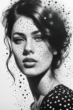 A realistic drawing in negative space black ink on white background of a beautiful girl with high density dots enhance her face max enrist