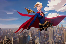 Supergirl flies over New York City carrying a giant Bitcoin of gold