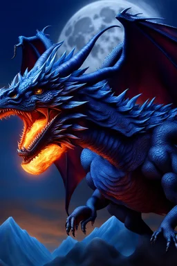 Ultra hyper photo realistic blue dragon airborne breathing fire at night full moon in the background