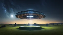 spectacular flying saucer with flashing lights, windows and spotlight onto the ground. Hovering over Stonehenge stone circle, night, dark sky, stars, moon, exquisite composition, beautiful detailed intricate detailed octane render, 8k artistic photography, photorealistic, perfect light, chiaroscuro, award-winning photograph, masterpiece