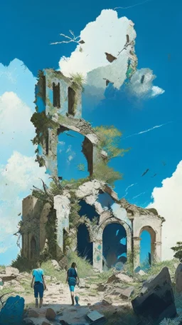 ruined buildings with people and blue sky and white clouds and foliage and rocks