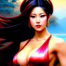 Drawing of beautiful face,busty Mai Shiranui (Fatal Fury),intense stare,Minimal ancient armor, balanciaga fashion clothe painting by gaston bussiere, greg rutkowski, yoji shinkawa, yoshitaka amano, tsutomu nihei, donato giancola, tim hildebrandt, oil on canvas, cinematic composition, extreme detail,fit full head inside picture,16k