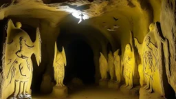 A light yellow ruins with angel statues designed in Lascaux cave paintings