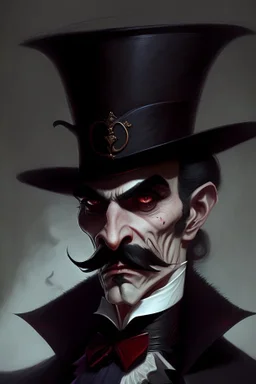 Strahd von Zarovich with a handlebar mustache wearing a top hat with a sinister sneer