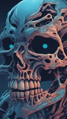 a close up of a person with a skull on their head, blue and black colors, anime skull portrait man, scary detailed art in color, hiroyuki-mitsume takahashi, nychos art aesthetic, half man half skeleton, anime cyberpunk art, colored manga art, rossdraws pastel vibrant, hot colors. insanely detailed, beautiful anime portrait, stunning anime face portrait, scary art in color