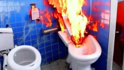 man sprays fire extinguisher all over toilet in the bathroom