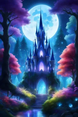 Majestic crystal castle bathed in moonlight, glistening silhouette against celestial backdrop, ethereal fairy tale world, surrounded by silver-leaved trees enchanting forest, radiant colors emanating whimsical details, delicate fairies with iridescent wings navigating through mystical portal, arcane runes swirling in magical touch, vibrant, spellbinding, conveying transcendence, otherworldly wonder, Pixar-