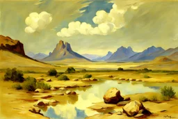 Arid land, clouds, mountains, rocks, puddle, vegetation, edouard manet impressionism painting