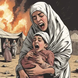 A Palestinian woman wearing the Palestinian dress carries her dead son as she screams and cries at night, with explosions in refugee tents behind her.