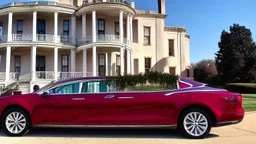 A Tesla's 'Model S Plaid' is parked, at the mansion of the 'Gone with the Wind' film. CINEMATIC. WIDE ANGLE LENS. PHOTO REAL.