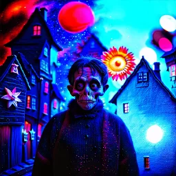 Detailed people, creepy street made of modeling clay and felt, village, stars, galaxy and planets, sun, volumetric light flowers, naïve, Tim Burton, strong texture, extreme detail, Yves Tanguy, decal, rich moody colors, sparkles, Harry Potter, bokeh, odd