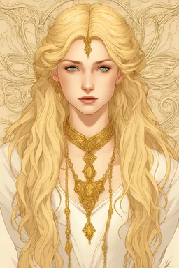 Luxie von Quarheim, aged 19, light cleric aasimar with her golden locks and dark yellow eyes. Despite her royal lineage, her demeanor exudes youthful innocence and curiosity. She has a sun shaped necklace framed by cascading golden hair. Her eyes reflect wisdom beyond her years, contrasting with her porcelain skin and high cheekbones. Style romanticism