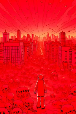 a big City, red transparent figure appears in the sky with many dead bodies of children