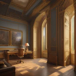 A study room with a mezzanine and dormer Windows, plants, bookcase, Beaux Arts architecture,interior design,medium long shot, point of perspective,by Jean Baptiste Monge, Epic cinematic, brilliant stunning, intricate, meticulously, detailed, dramatic atmospheric, maximalist digital matte painting