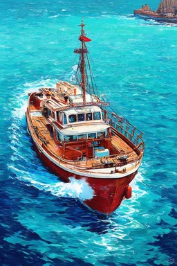 on the boat on a long journey birdseye vie , japanese modern pop art