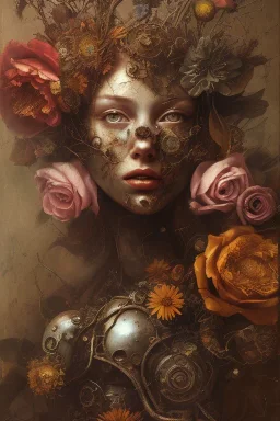 an abstract painting of rusted metal and flowers, by rembrant, rust, scaffolding, iron cladding, decay, mixed media, textured, anatomically correct, beautiful perfect face, sharp focus, highly detailed