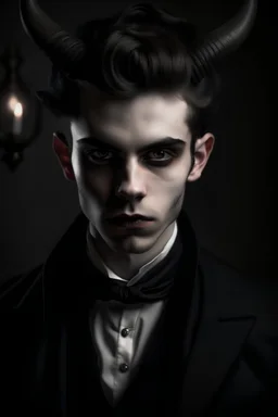 Young handsome scholarly demonic Victorian era gothic man with vampiric qualities and demon horns