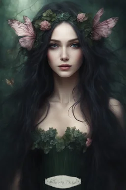 Water lilies Dark burgundy red long hair Dark Fairy princess rapunzel hair queen crown butterflies dragonflies fireflies elven tiara flowers fairy wings emerald moss