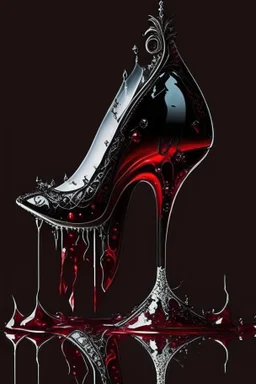 dark fantasy, intricate cover, a whimsical fairytale, high-heeled shoe made of glass with a single drop of blood at its heel