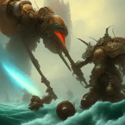 an ibis warrior in orange and green full battle armor, background of giant crashing ocean waves, a highly detailed illustration, realistic render, 8 k, micro detail, intricate, elegant, centered, digital painting, smooth, sharp focus, illustration, artgerm, tomasz alen kopera, peter mohrbacher, donato giancola, joseph christian leyendecker, wlop, boris vallejo