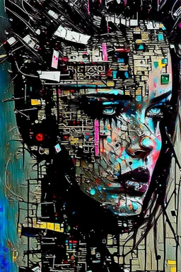 Ultra detailed medium portrait painting of anxiety , torn up collage of clippings, broken circuitry background, matrix effects, punk visual art, punk art aesthetic, graffiti art, pop surrealism, collage art, cluttered paint glitches