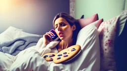 lady on the phone lying in bed eating cookies and munchos and pills