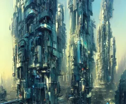 art by John Berkey, futuristic modern city with a lot of elevators