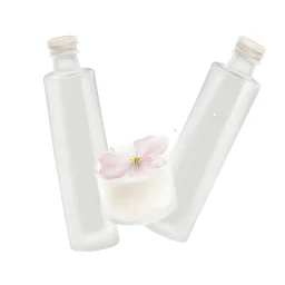 a small vial lies on a beautiful floral background top view, in the background there are beautiful spring flowers and a drop of cream, high-quality picture, top view