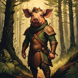 create a full body portrait of a spanish pig man , with highly detailed, sharply lined facial features, in the deep forest of Brokilon , finely inked, in rustic colors, 4k in the style of Peter Mohrbacher