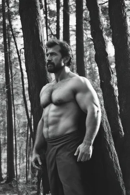 1980's massive male muscular strong man , Turkish, hairy chest, age 40, muscle daddy, goatee, short hair,, armpits, in a wood, viril chest, opened bathrobe