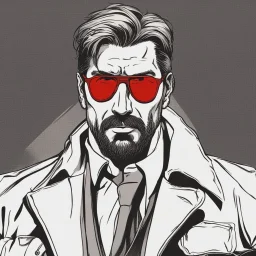 a young man with big muscles who looks like hans gruber wearing a heavy coat and red sunglasses staring with an irritated look on his face